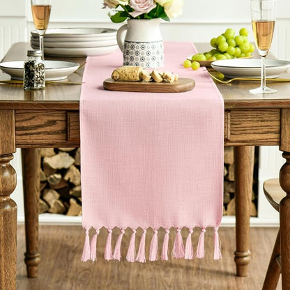 Artoid Mode Blush Pink Tassel Table Runner, Linen Blend Rustic Farmhouse Style - Image 3
