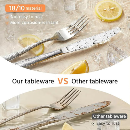 Kingstone Hammered Silverware Set, 60-Piece Flatware Set for 12, 18/10 Stainless Steel Heavy Duty Cutlery Set, Mirror Polished Utensil Sets for Home, Restaurant, wedding, Dishwasher Safe