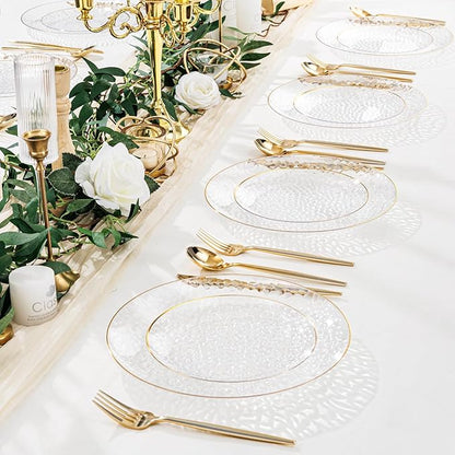 Rubtlamp 60 Pcs Clear Plastic Dessert Plates, Hammered Party Plates, Disposable Heavy Duty Salad/Dessert Platos,Clear Party Platos, Gold Plastic Appetizer Platos Disposable For All Occasions