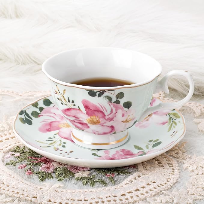 fanquare 5-Ounce Floral Tea Cups and Saucers Set of 6, Dishwasher & Freezer - Image 3