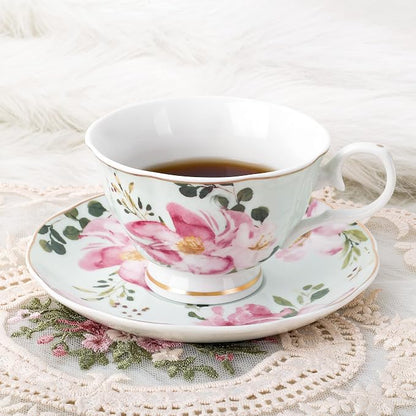 fanquare 5-Ounce Floral Tea Cups and Saucers Set of 6, Dishwasher & Freezer - Image 3