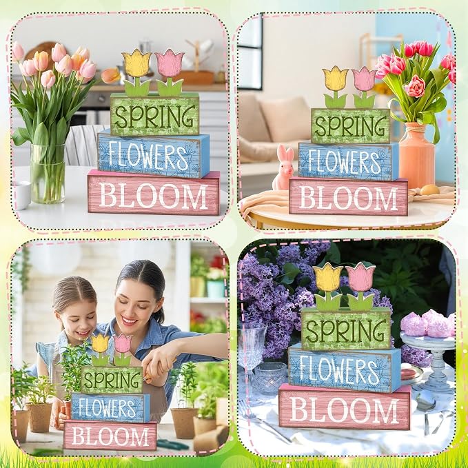 Moucuny 4 Pcs Spring Table Decor Wooden Tulip Spring Tiered Tray Decor Flowers - Image 5