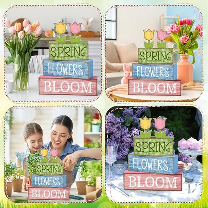 Moucuny 4 Pcs Spring Table Decor Wooden Tulip Spring Tiered Tray Decor Flowers - Image 5