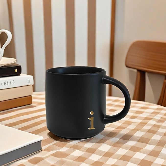 COLLECTIVE HOME Black Ceramic Coffee Mug, 15 oz Golden Monogram Tea Cup | - Image 5