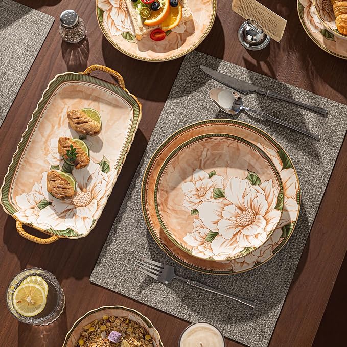Ceramic Dinnerware Set, Floral Plates and Bowls Sets, Microwave & Dishwasher - Image 4