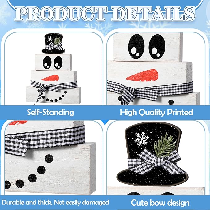Moucuny 4 Pcs Winter Table Decoration Wooden Snowman Decor Black and White - Image 5