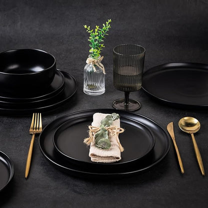 AmorArc Ceramic Dinner Plates Set of 6, Wavy Rim 10.25 Inch Stoneware Dish Set, Dinnerware Plates for Kitchen-Microwave&Dishwasher Safe, Scratch Resistant-Reactive Glaze Matte Black