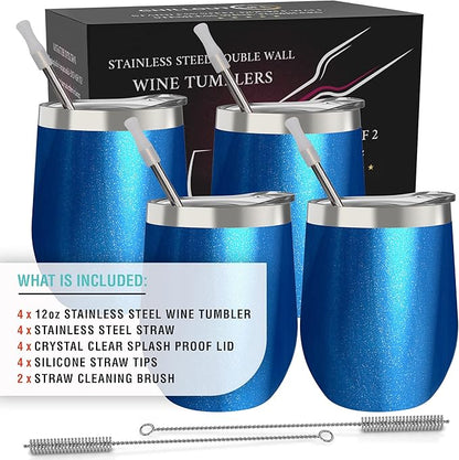 CHILLOUT LIFE 12 oz Stainless Steel Wine Tumblers 4 Pack - Double Wall Vacuum Insulated Wine Glasses Cups with Lids and Straws Set Keeping Cold & Hot for Coffee, Beer, Ice Cream - Blue Sparkle