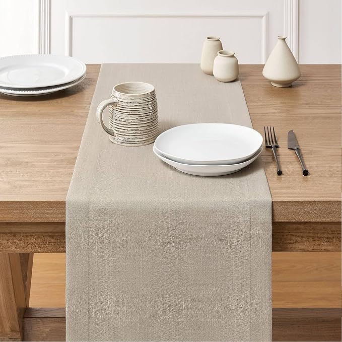 Linen Textured Border Table Runner, 14 x 108 Inch Natural | Mitered Corner - Image 3