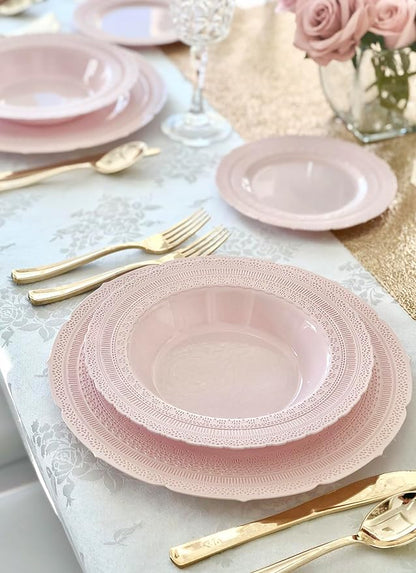 " OCCASIONS " 120 Plates Pack,(60 Guests) Extra Heavyweight Vintage Wedding Disposable/Reusable Plastic Plates 60x11'' Dinner+60 x 8.25'' Salad/Dessert Plate (Chateau Blush Pink)
