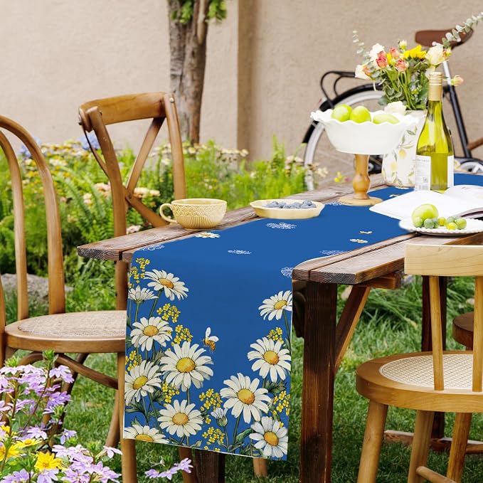 Summer Daisy Floral Table Runner Bees Burlap Table Runners, Spring Charming - Image 3