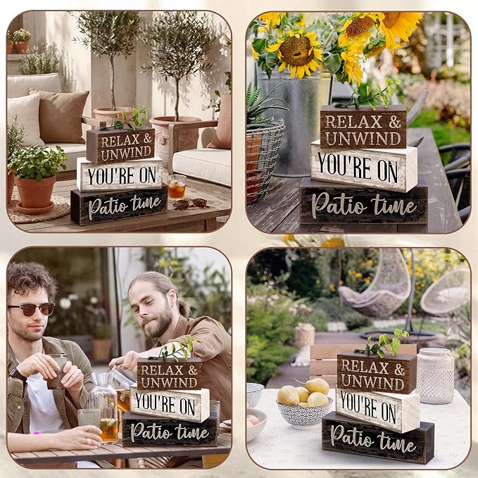 Moucuny 4 Pcs Farmhouse Table Decor Rustic Patio Stacked Wooden Decor - Image 5