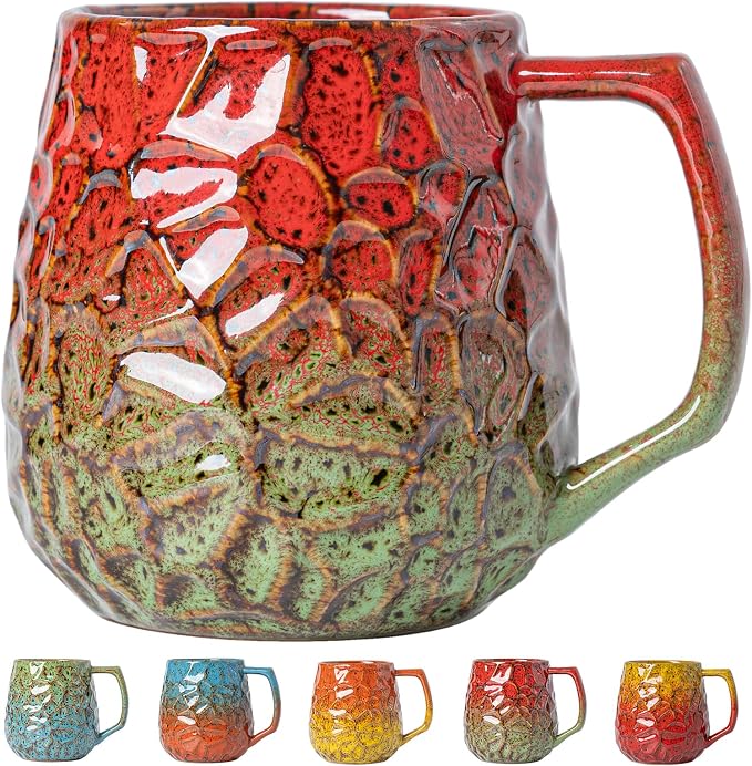 18oz Unique Red & Green Kiln-Change Ceramic Coffee Mug, Handcrafted Hammered by XIYUANJI
