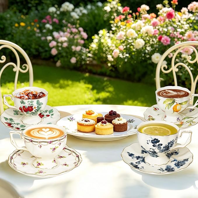 Tea Cups and Saucers Set, Porcelain Coffee Mugs, 8.4 OZ Vintage Coffee Cups - Image 7