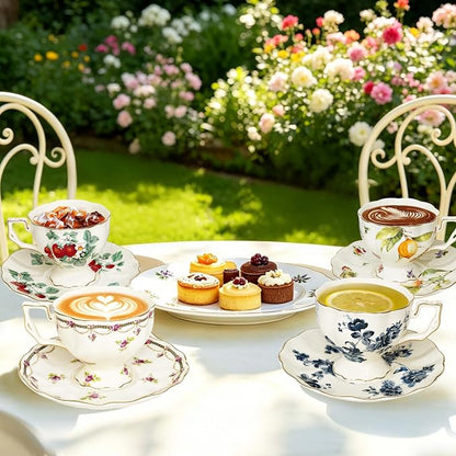 Tea Cups and Saucers Set, Porcelain Coffee Mugs, 8.4 OZ Vintage Coffee Cups - Image 7