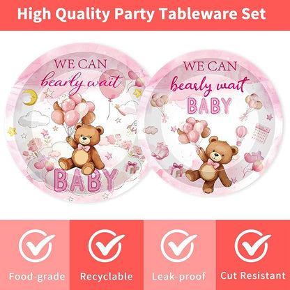 96 Pcs We Can Bearly Wait Baby Shower Decorations, Bear Tableware Set | - Image 3