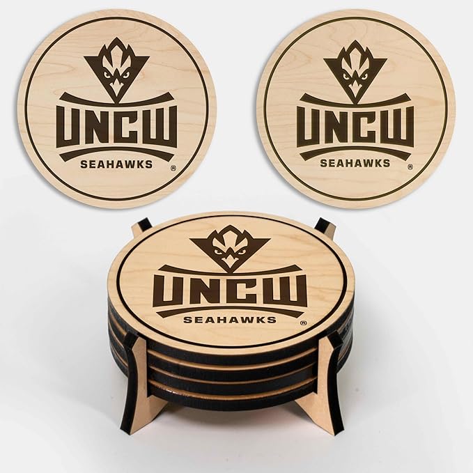 LazerEdge UNC Wilmington Seahawks Wooden Coaster Set - Maple Wood - Officially Licensed Product - 4-Pack