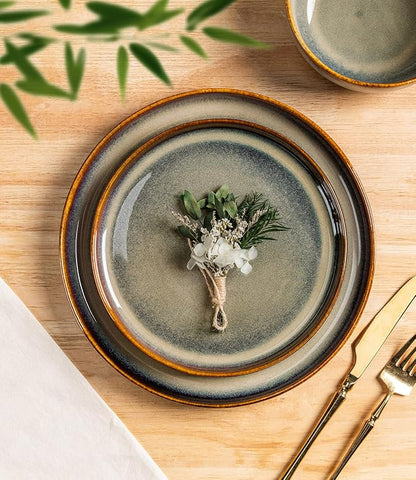 Ceramic Dinnerware Set for 4, 12-Piece Plates and Bowls Set | Handmade Reactive - Image 2