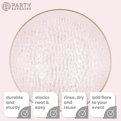PARTY BARGAINS 13-Inch Charger Plates - 48 Pack, Hammered Pink Gold Rim, Heavy-Duty Disposable Chargers for Elegant Dining - Ideal for Weddings and Formal Events