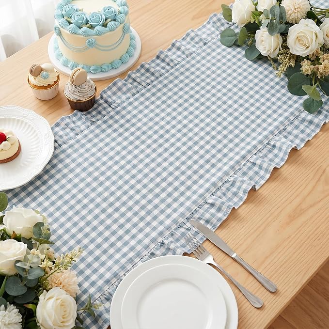 Eternal Beauty 14x72 Gingham Ruffle Table Runner, 100% Washed Cotton Plaid - Image 3