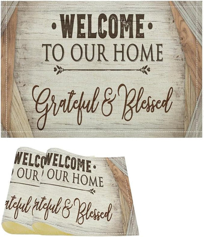 Vintage Farmhouse Placemat Set, Beige White Rustic Wooden Plank Patchwork Welcome Home Letter Inspirational Quotes Pattern Home Decor Linen Table Mats for Dining Room Kitchen Party (17x12in) x2P