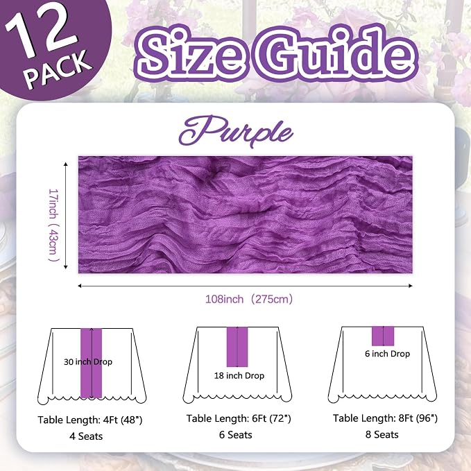12 Pack Purple Cheesecloth Table Runner 17 x 108 Inch | Boho Gauze Cheese Cloth - Image 2