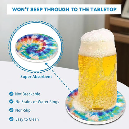 Drinks Coasters Set of 4, Rainbow Tie-Dye Round 4" Cup Coasters, Absorbent Ceramic Stone Coasters with Cork Base, Cute Coasters for Table Home Décor, Ideal Gifts for Women Men