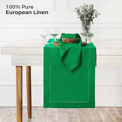 D'Moksha Homes Linen Kelly Green Table Runner 48 Inches - Classic Hemstitch, 100% Pure Linen Coffee Table Runner 14 x 48 Inch Ideal for Dresser Tables - St Patricks Day, Easter