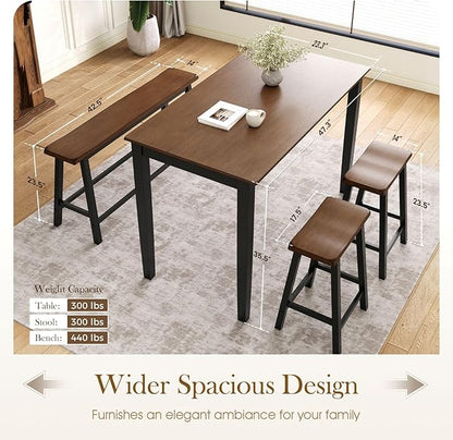 Sophia & William Dining Table Set for 4, Wooden Kitchen Table Set with Bench and 2 Chairs, Space-Saving Farmhouse Dining Sets,Walnut & Black
