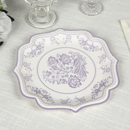 50 Pack 8" White Lavender Lilac French Toile Dessert Plates, Disposable Round Paper Floral Pattern Appetizer Salad Plates 300 GSM for Party Decoration