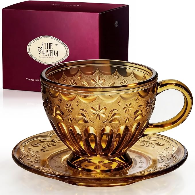 Vintage Glass Tea Cup and Saucer Set, 12 oz Large Coffee Cup | Handcrafted by Unknown