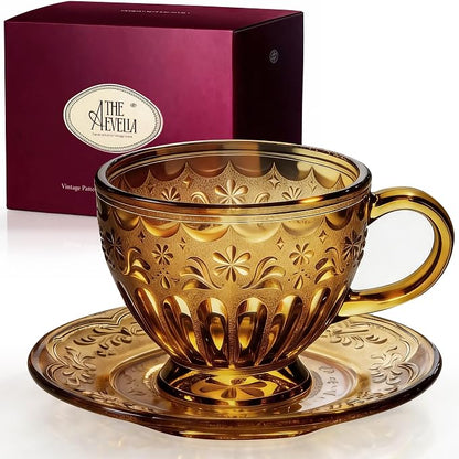 Vintage Glass Tea Cup and Saucer Set, 12 oz Large Coffee Cup | Handcrafted by Unknown
