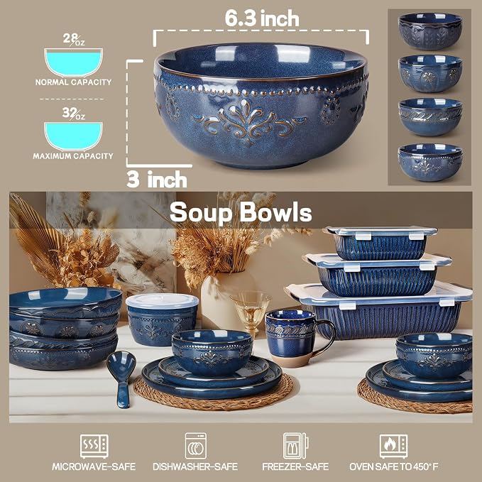 Soup Bowls 32 OZ, Cereal Bowls Set of 4, Embossment Ceramic Ramen Bowl - Image 2