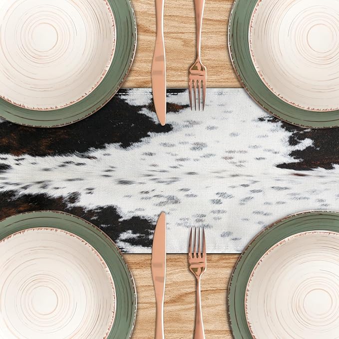 Linen Cow Print Table Runner 13x71 Inch Farmhouse Western Brown Black Cowhide - Image 5