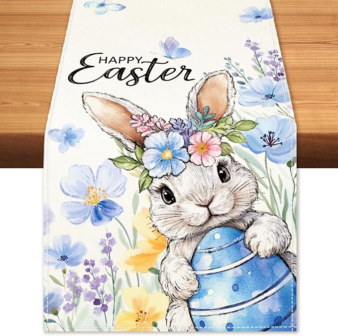 Happy Easter Bunny Table Runner, Egg Flowers Burlap Table Runners, Spring by BEAUTYROMANCEFORYOURLIFE