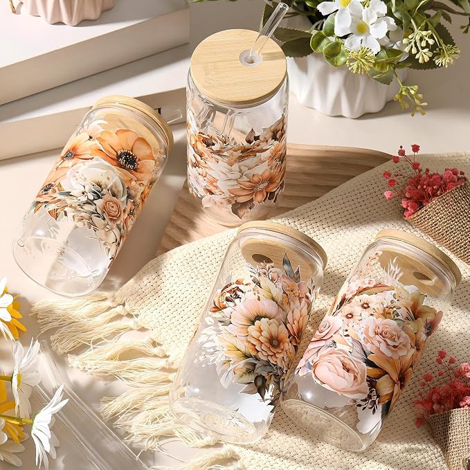 Mumufy 4 Pack Wildflower Glass Cups Gift Aesthetic Cute Glass Cup Tumbler - Image 4