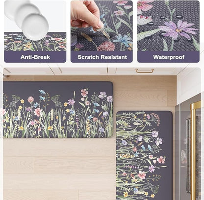 KIMODE Anti Fatigue Floor Mat, Cushioned Farmhouse Runner Rug, Non Slip, Memory Foam for Kitchen, Laundry, Office, Sink Dark Gray/Purple 17.3"x59"