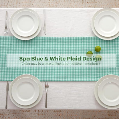 Spa Blue White Plaid Gingham Ruffle Table Runner 108 inches Long Christmas 100% - Image 4