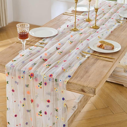BINBE 3pcs Ivory Daisy Spring Table Runner Embroidery Gauze 10FT Florals - Image 2