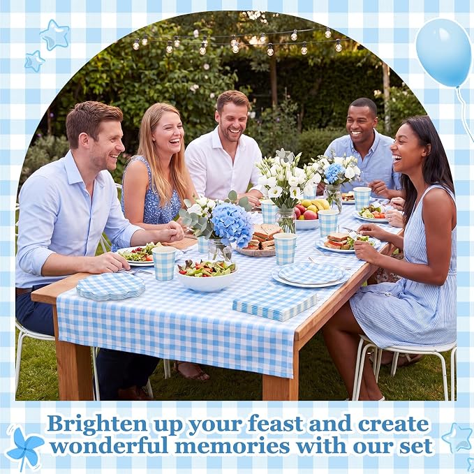 Funnymoom 250 Pcs Blue Gingham Paper Plates and Napkins Party Supplies Blue - Image 5