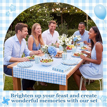 Funnymoom 250 Pcs Blue Gingham Paper Plates and Napkins Party Supplies Blue - Image 5