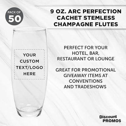 DISCOUNT PROMOS 50 ARC Stemless Champagne Flutes Set, 9 oz. - Customizable Text, Logo - Cachet, Glassware, Cocktails - Clear