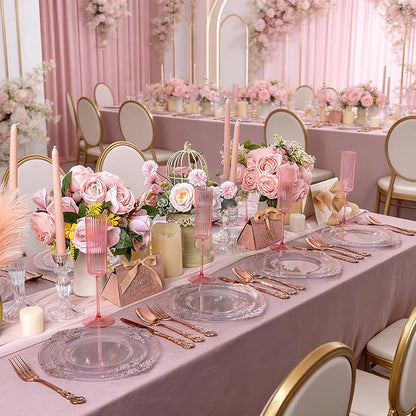 102PCS Rose Gold Plastic Plates - Clear Rose Gold Plate - Heavy Duty Disposable Plates - Fancy Disposable Dinner & Dessert Plate for 51 Guests for Party & Wedding & Valentines
