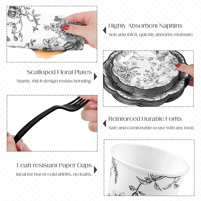 Kochorie 144 Pieces Black Floral Paper Plates and Napkins Party Supplies - Image 3