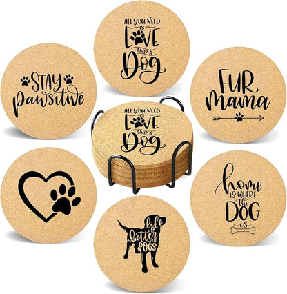 Coasters for Drinks with Set of 6, Cute Dog Coaster for New Home Couples House Warming Gifts Absorbent Paw Cork Wood Bulk for Cup Desk Coffee Table Office Kitchen Decor, Round 4"