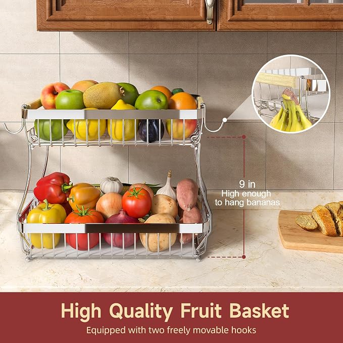 2-Tier Fruit Basket with Banana Hangers, Detachable Metal Bowl | Wooden handle - Image 2