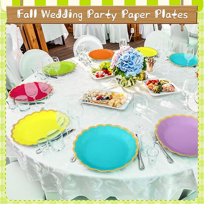 96 Pcs Neon Colorful Paper Plates 9 Inch Gradient Scalloped Paper Plates Disposable Dinner Dessert for Birthday Wedding Bridal Party Supplies, 6 Colors