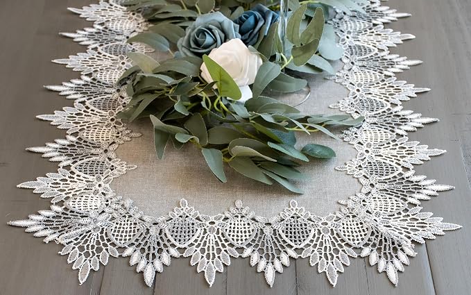 Lace Runner Earth Tone Silver Lace on Silver Fabric Table Runners, Dresser Scarf - Image 2