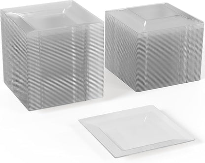 Exquisite Mini Disposable Appetizer Plates - 100 Pack 4.5" x 4.5" Crystal Clear Plastic Dessert Plates - Elegant Design for Weddings, Birthdays, Formal Parties - Stackable & Convenient - BPA Free