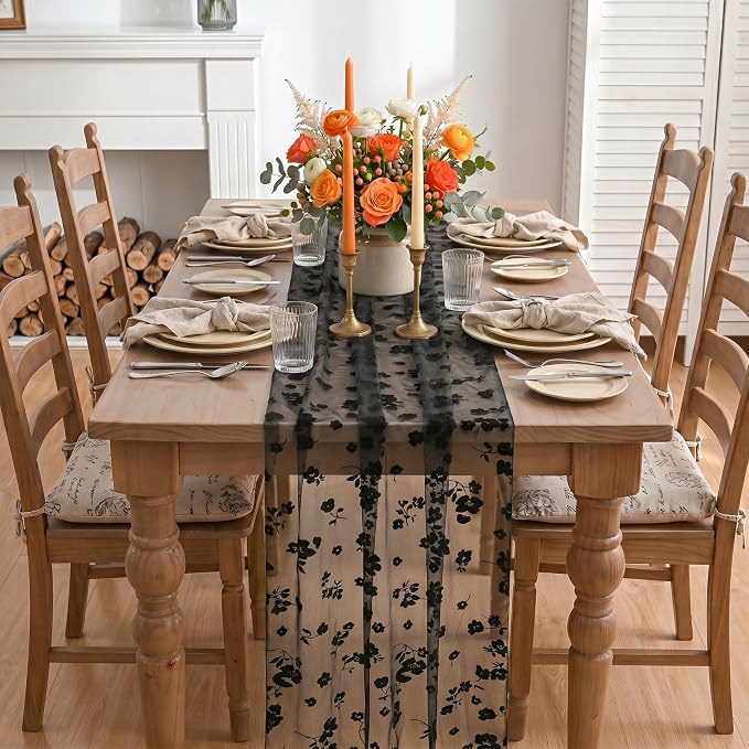 Artoid Mode Black Gauze Flocking Flowers Table Runner 10FT, Halloween Sheer - Image 2